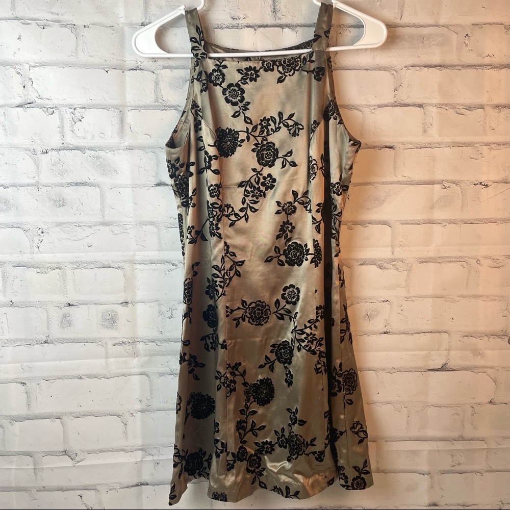 Vintage 90s Satiny Shimmery Taupe Mini Dress With Black Velvet Flowers Small
